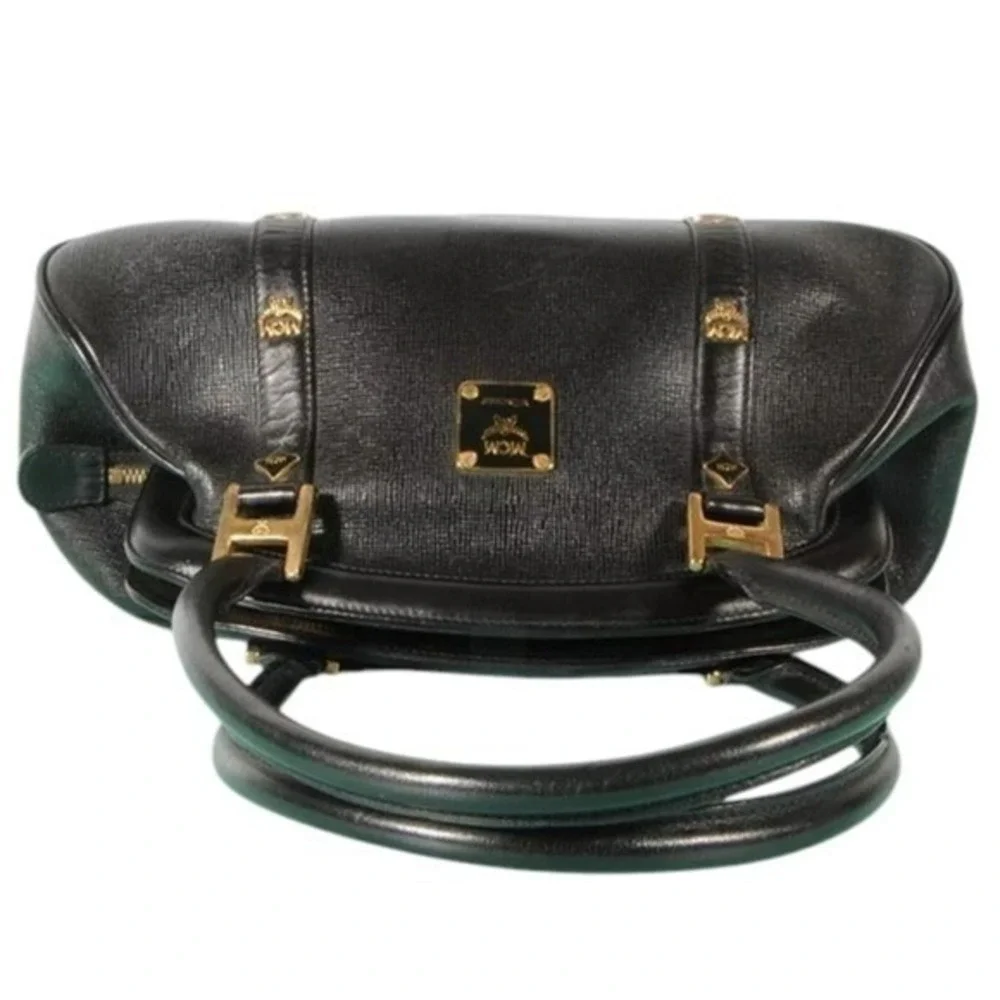 MCM Munchen Black Textured Leather Satchel Gold Hardware Doctor Bag Handbag